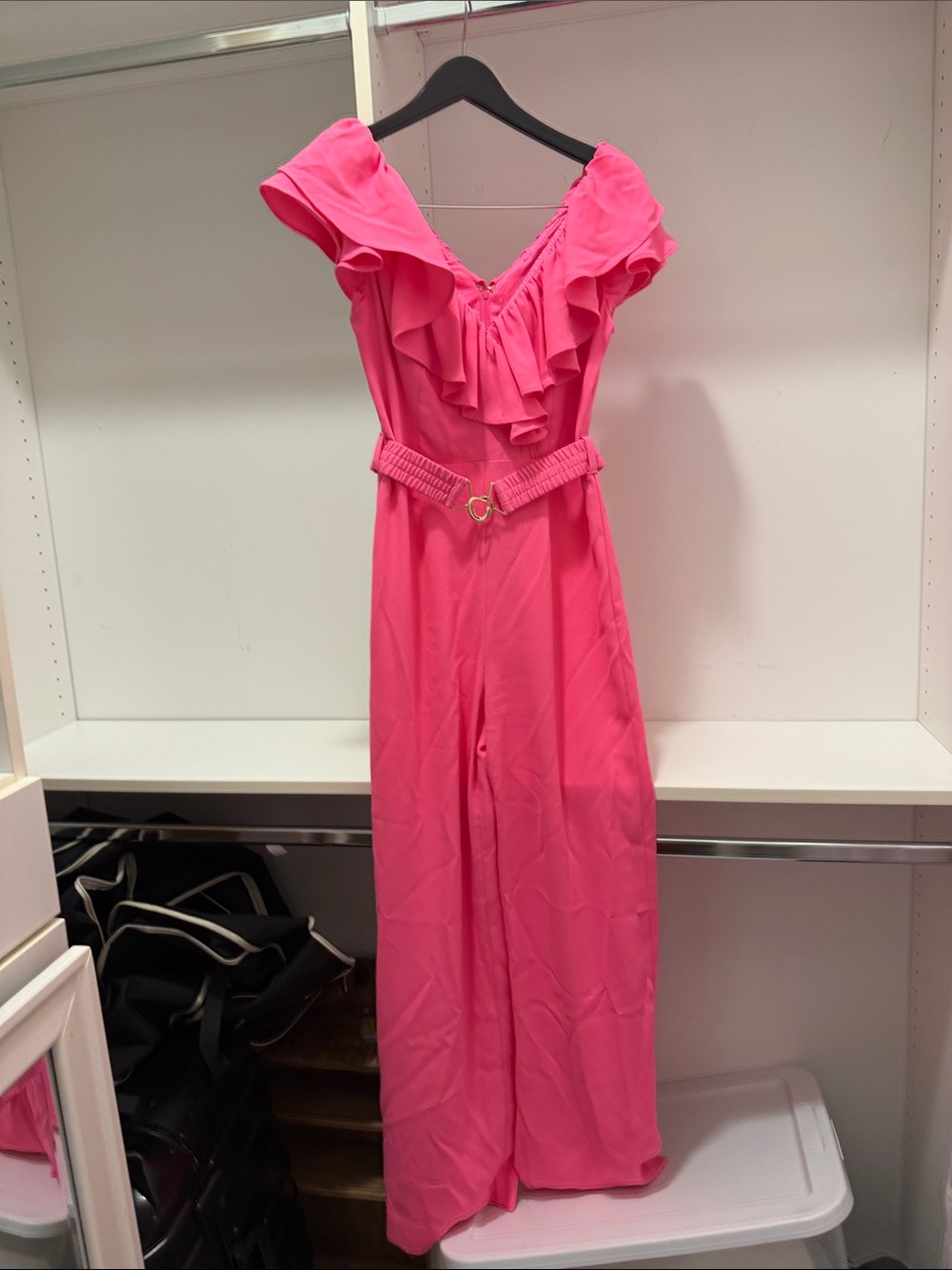 Lilly Pulitzer Hot Pink Ruffled V-Neck Jumpsuit with Belt